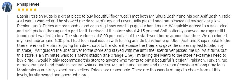 Témoignage cinq étoiles d'un client heureux après avoir acheté un tapis chez nous.